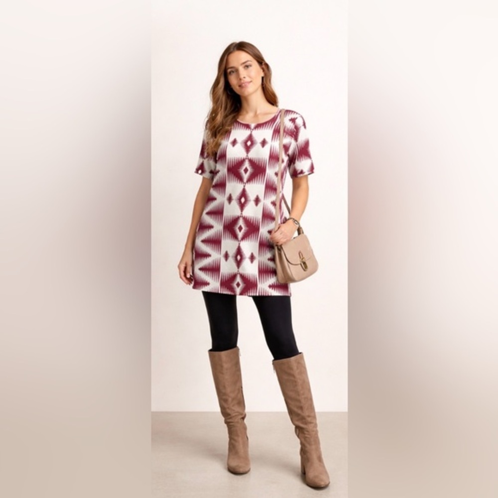 Everly Aztec Print Tunic Dress Burgundy Ivory XS Silky Lined Boho